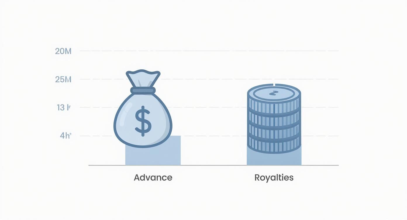 Bar chart showing royalties represented by a stack of coins are significantly higher than advance payments represented by a money bag.