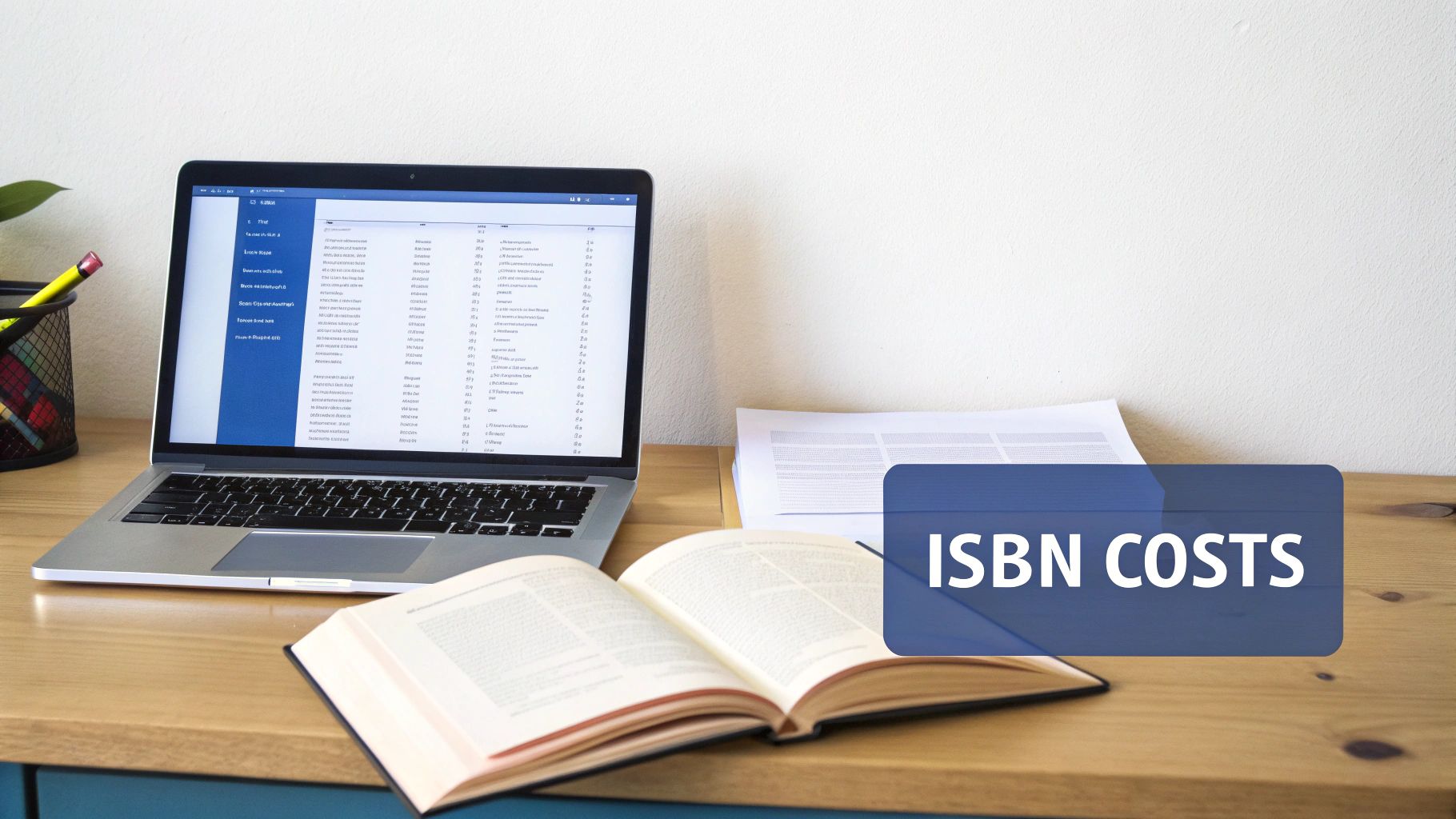 Desk setup with a laptop showing data, an open book, and an 'ISBN COSTS' text overlay.