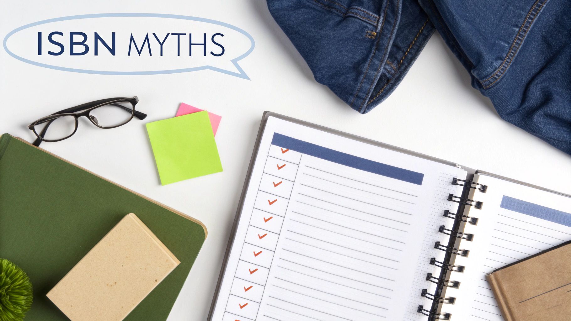 Overhead view of a desk with 'ISBN MYTHS' in a speech bubble, books, glasses, and a checklist.