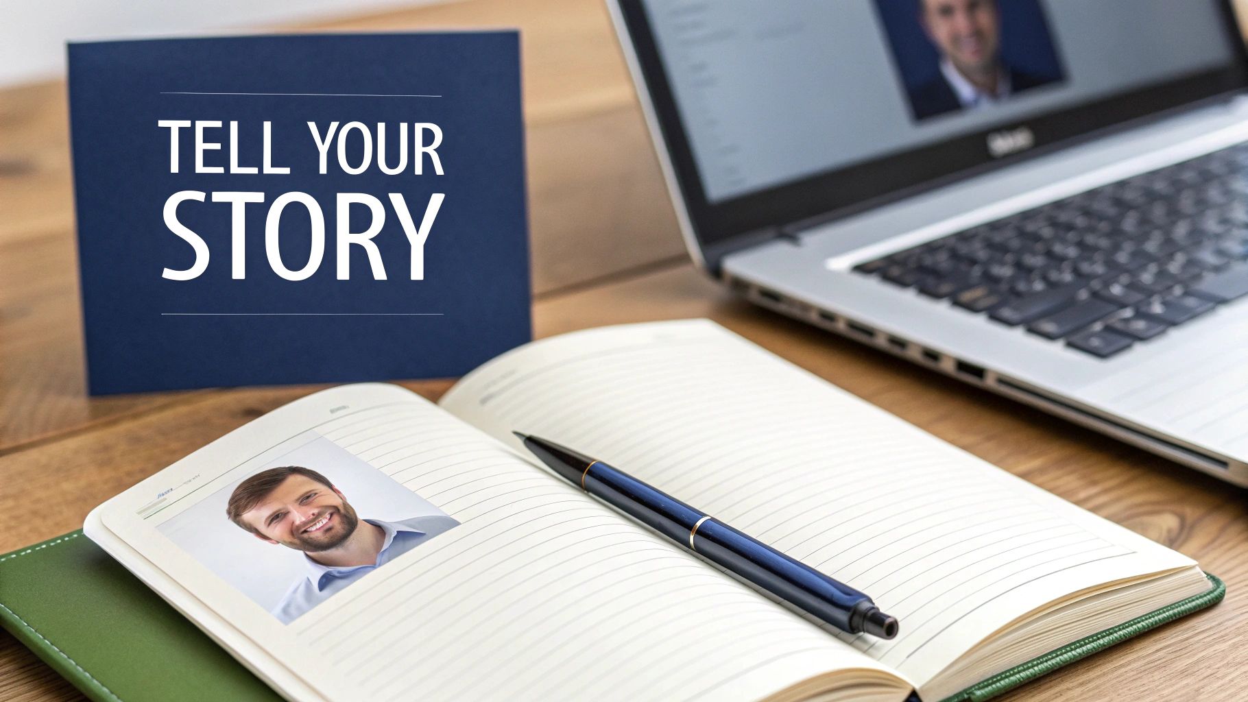 A desk with a 'Tell Your Story' sign, an open notebook with a man's photo, a pen, and a laptop.