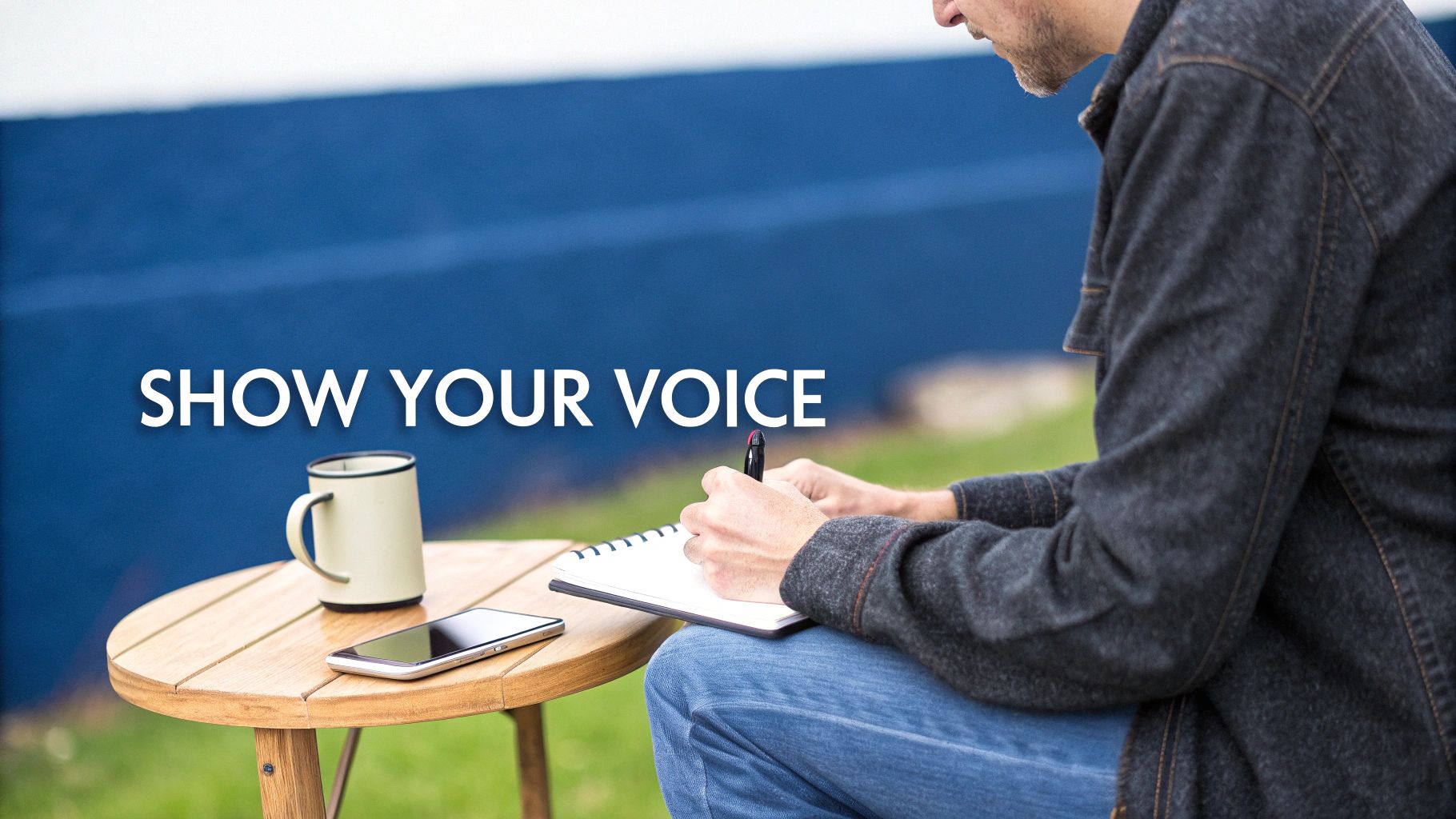 Author writing at a desk with a warm, inviting atmosphere