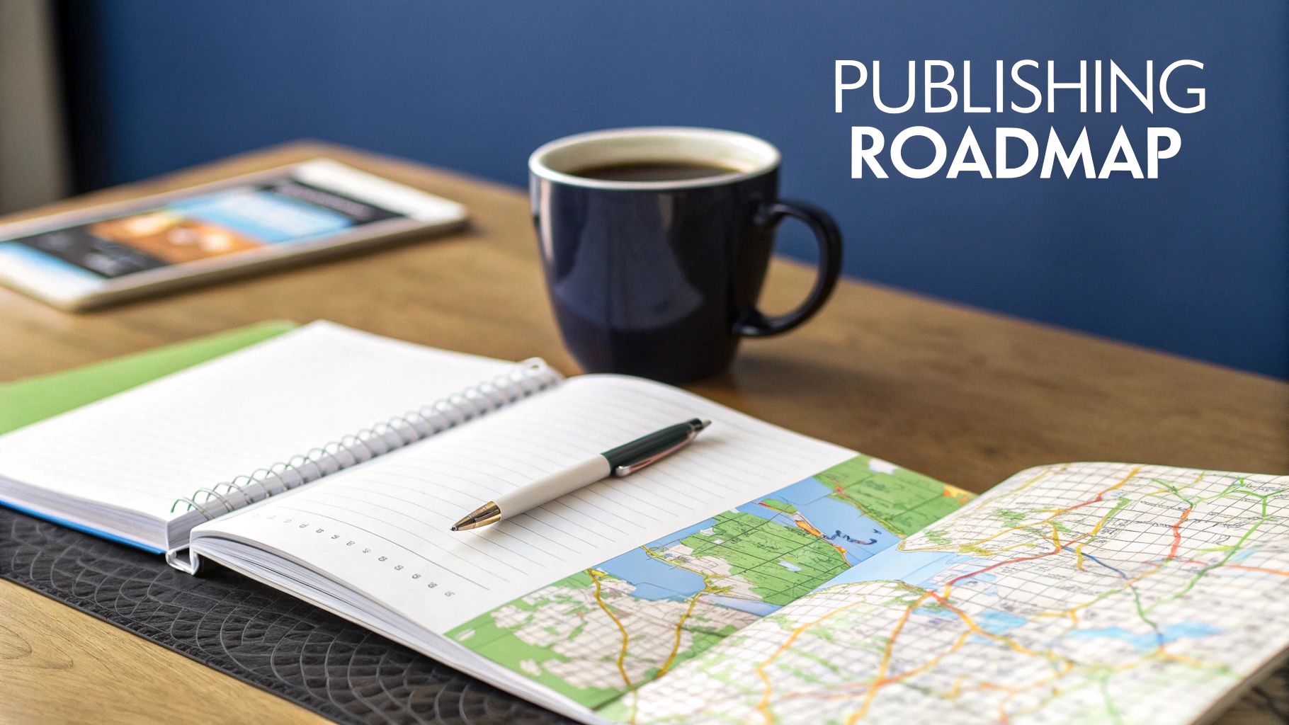 A desk scene with an open notebook, pen, coffee mug, and a tablet, overlaid with 'Publishing Roadmap' text.