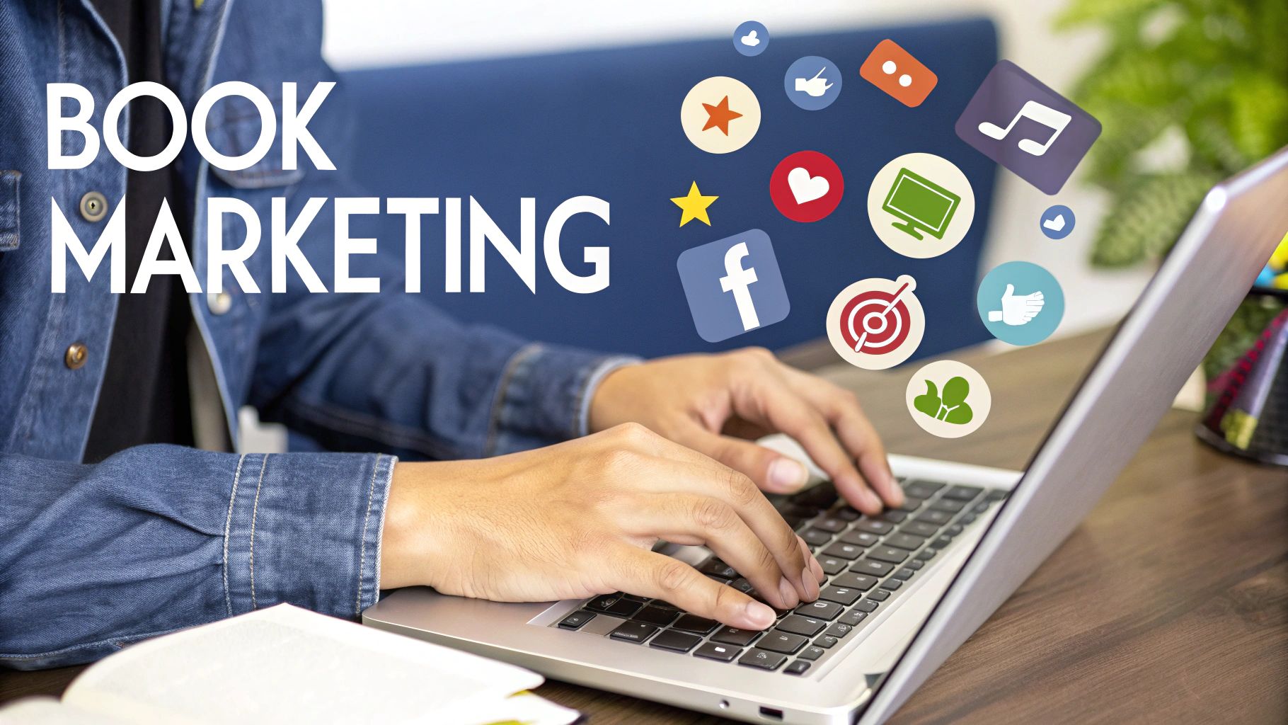Author planning a marketing campaign on a whiteboard with charts and social media icons.