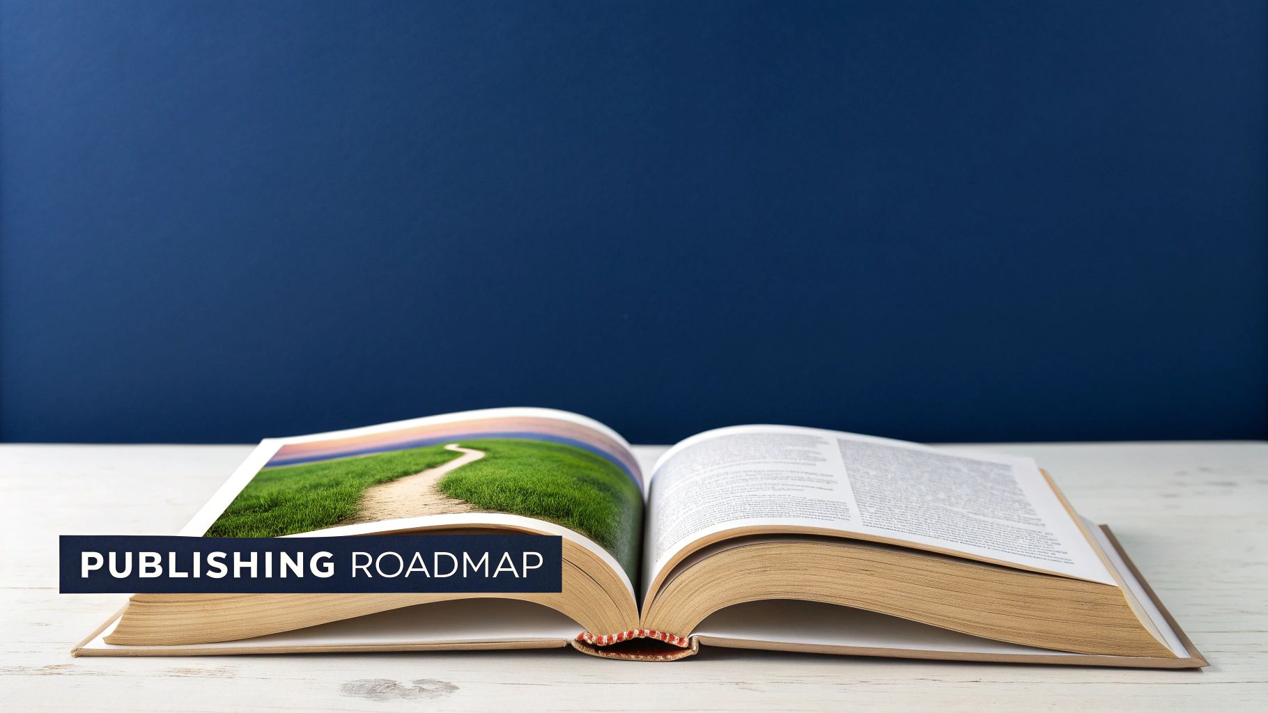 An open book displays a winding path and text, with a 'PUBLISHING ROADMAP' banner.