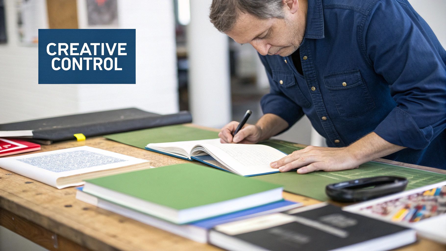 Man in blue shirt writing in a book on a wooden table with other books and a 'Creative Control' sign.