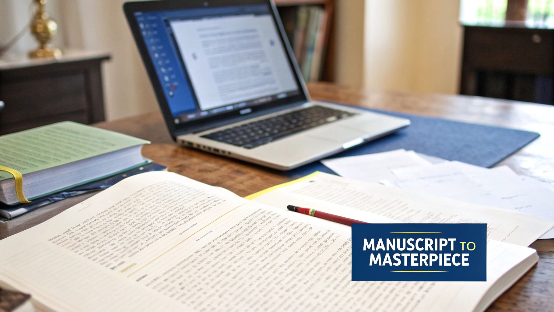 A professional writing desk with a laptop, open book, and papers, ready for creative work.