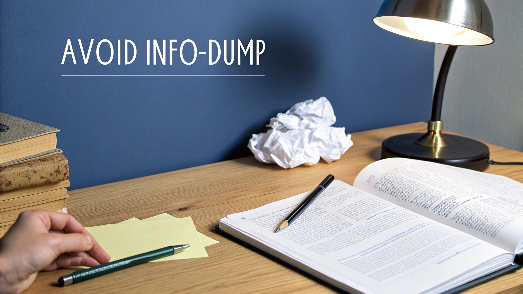 A desk with books, an open textbook, pen, crumpled papers, and lamp under 'AVOID INFO-DUMP' text.