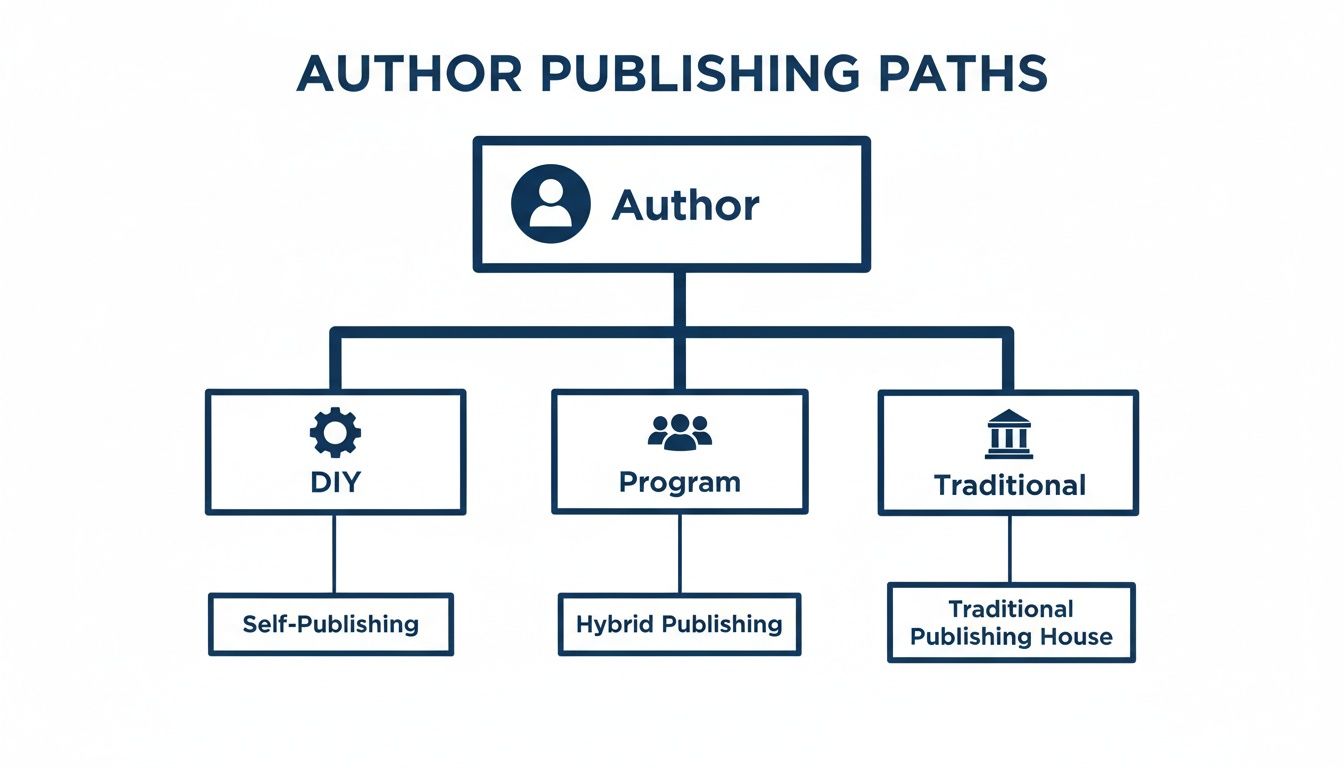 Flowchart outlining author publishing paths: DIY (Self-Publishing), Program (Hybrid Publishing), and Traditional (Publishing House).