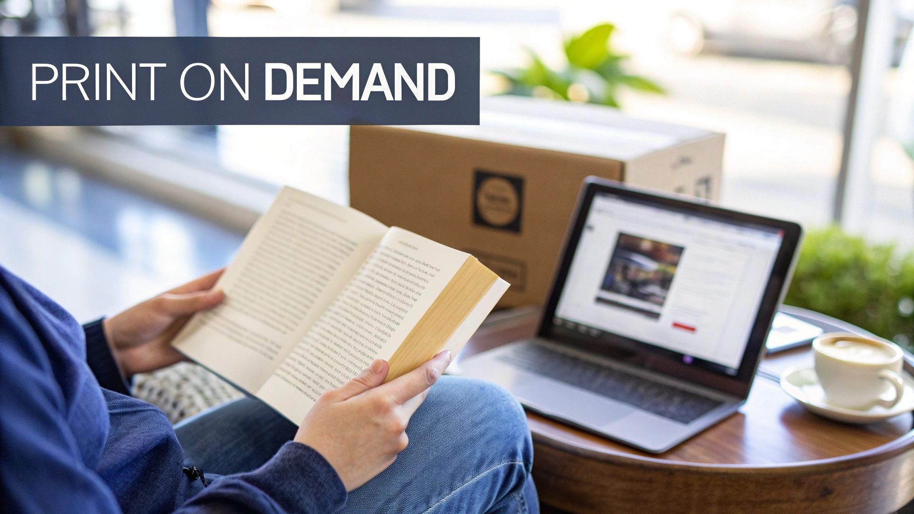 A person reads a physical book while a laptop, shipping box, and coffee are nearby, illustrating print on demand.