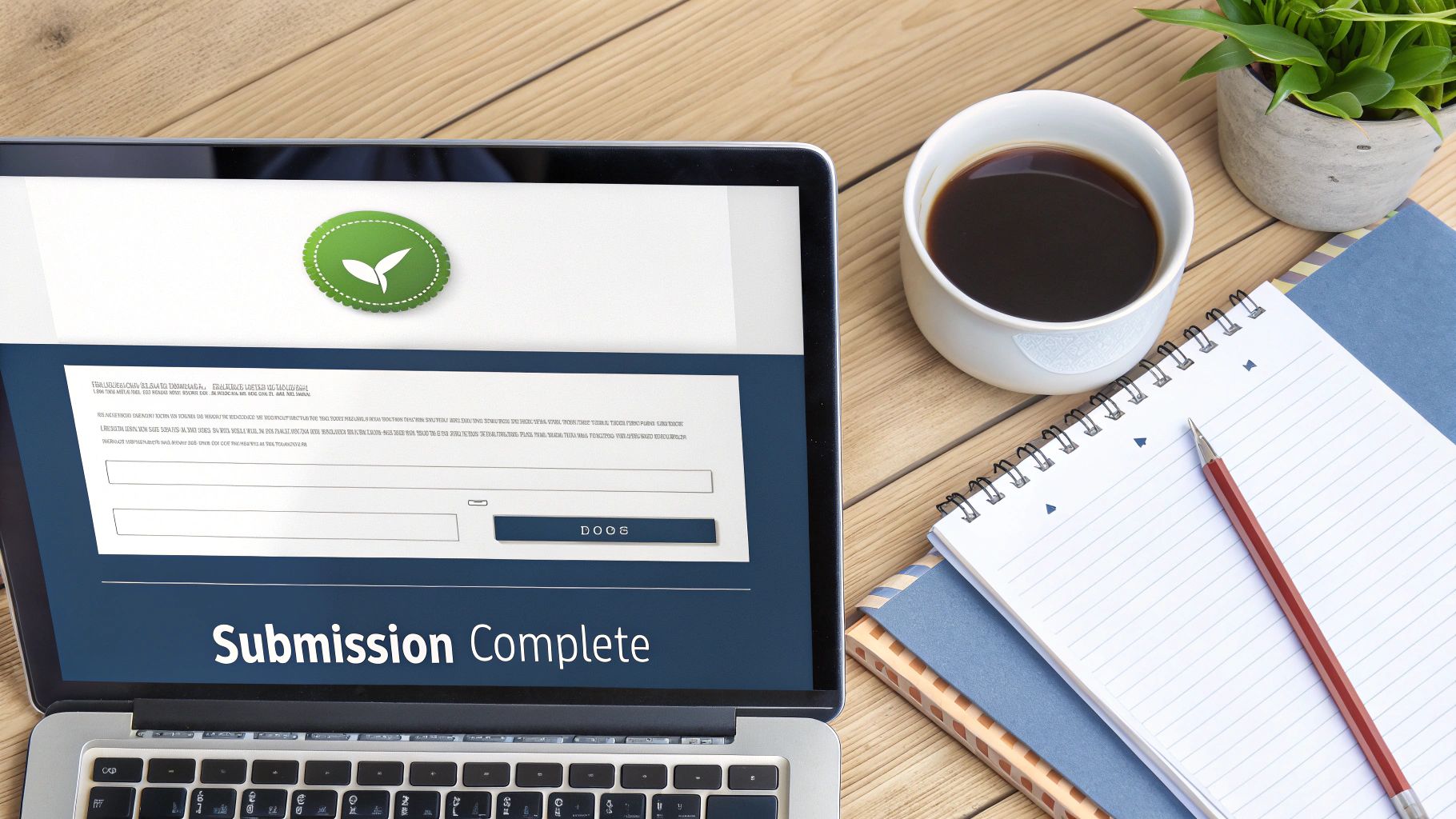 A person checking their laptop while a calendar and a certificate icon float nearby, representing the waiting and approval process.