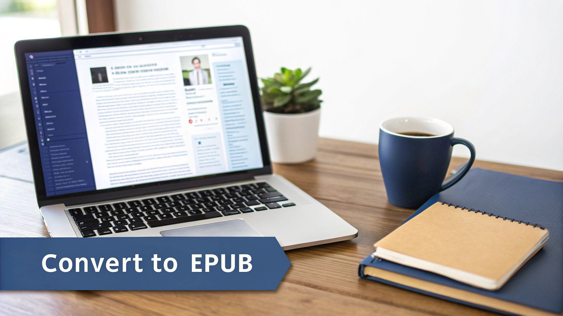 A laptop displaying a document, a coffee mug, and notebooks on a wooden desk with an 'Convert to EPUB' overlay.