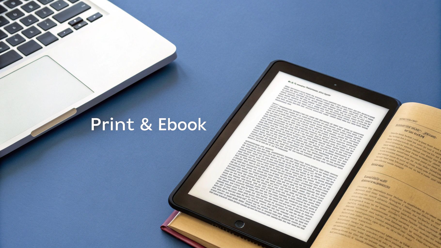 A laptop, e-reader displaying text, and a physical book on a blue surface, representing print and ebook options.