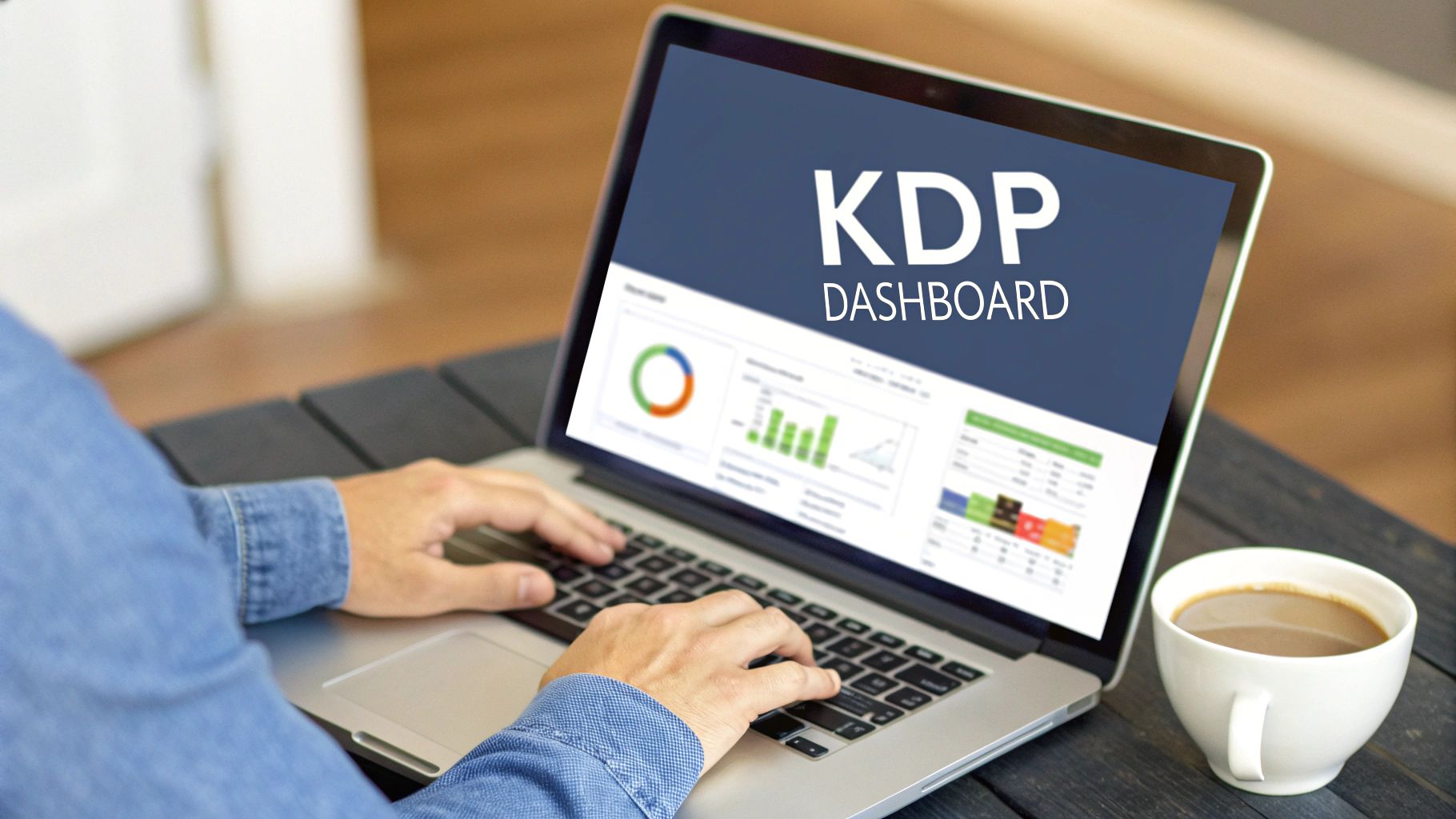 Person typing on a laptop displaying KDP Dashboard with publishing analytics and a coffee cup.