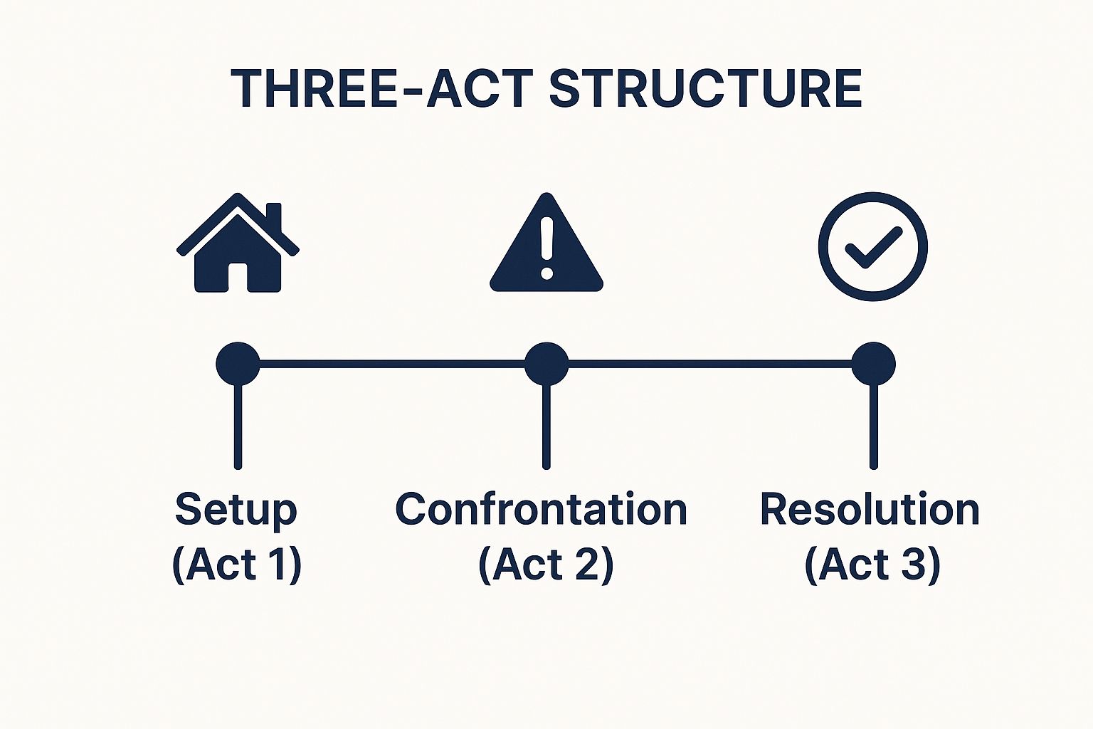 Infographic showing a timeline of the Three-Act Structure: Setup (Act 1), Confrontation (Act 2), and Resolution (Act 3).