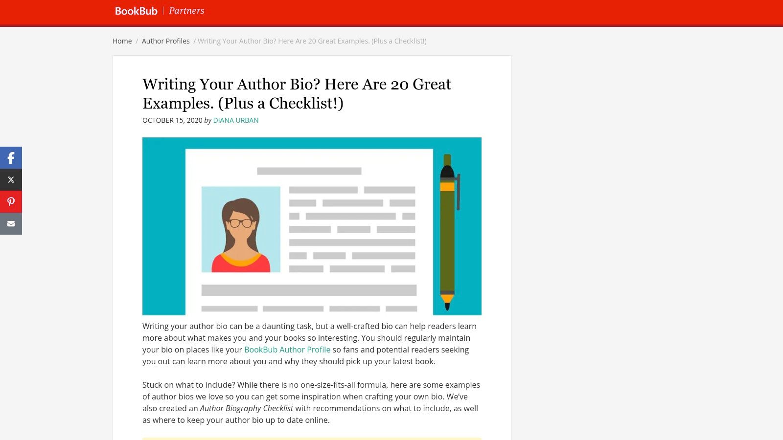 BookBub's Partners Blog showing examples of author bios and profiles for authors.