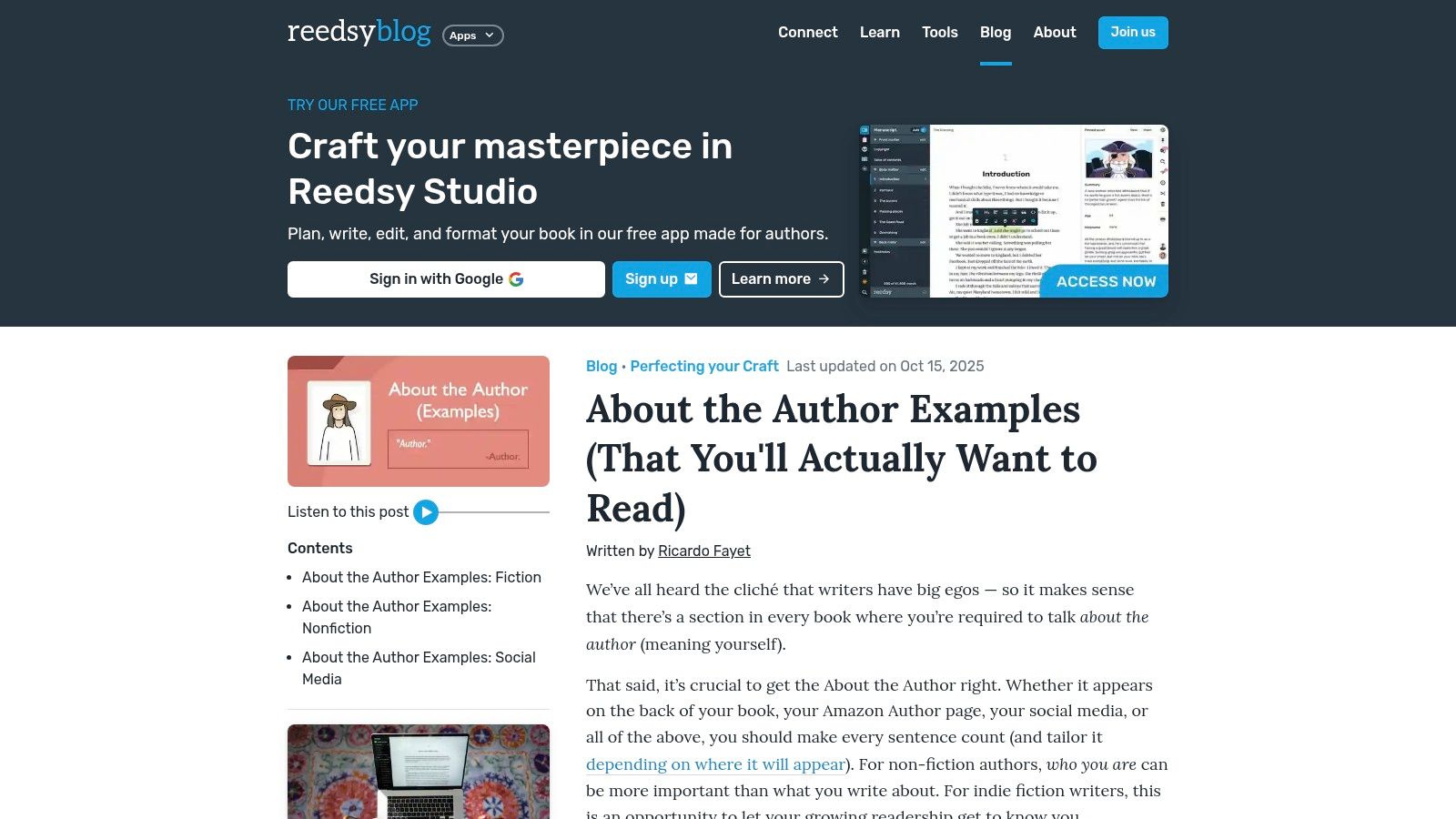 An annotated screenshot of the Reedsy blog post, showing various author bio examples and templates for authors to use.