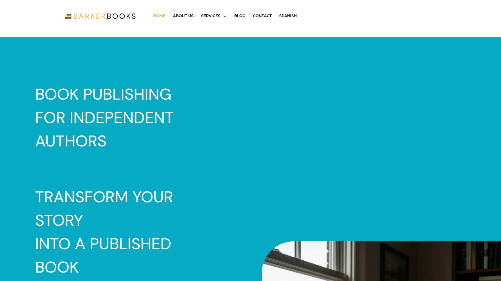 A collage showing the BarkerBooks logo and examples of book covers, an author testimonial, and their global distribution network.