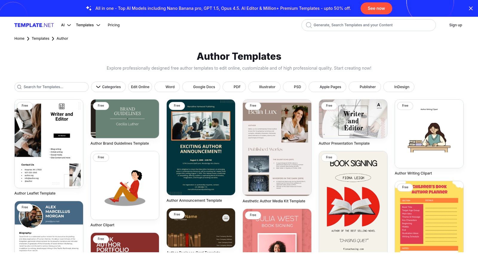 A screenshot of the Template.net website, showcasing various author bio templates available for download in different formats.