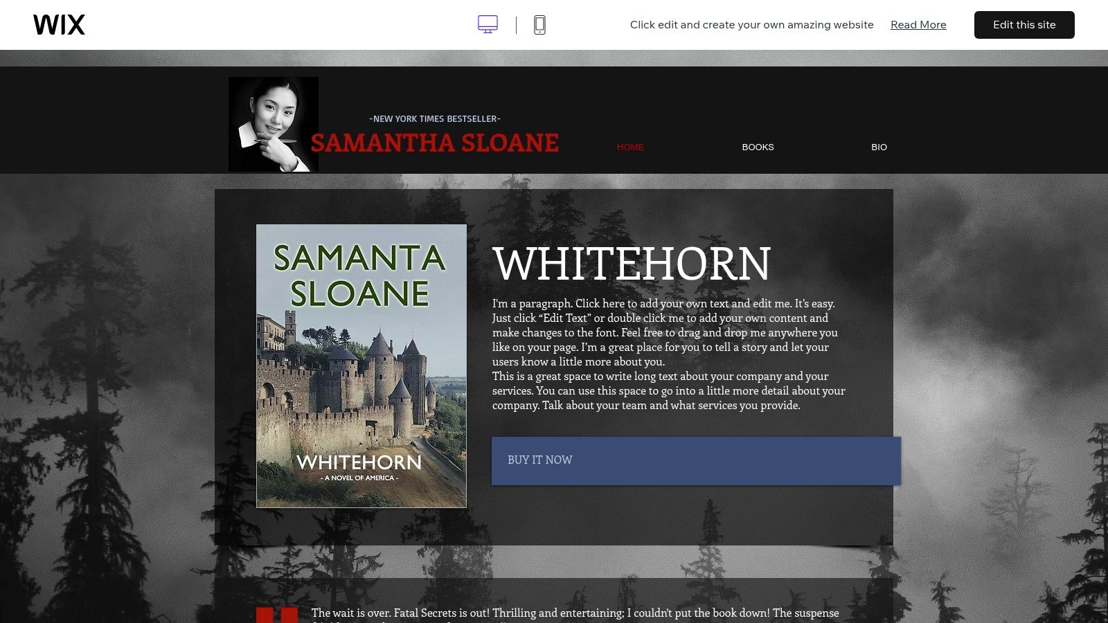 A screenshot of a Wix author website template, showcasing a clean layout with sections for a bio, books, and events.