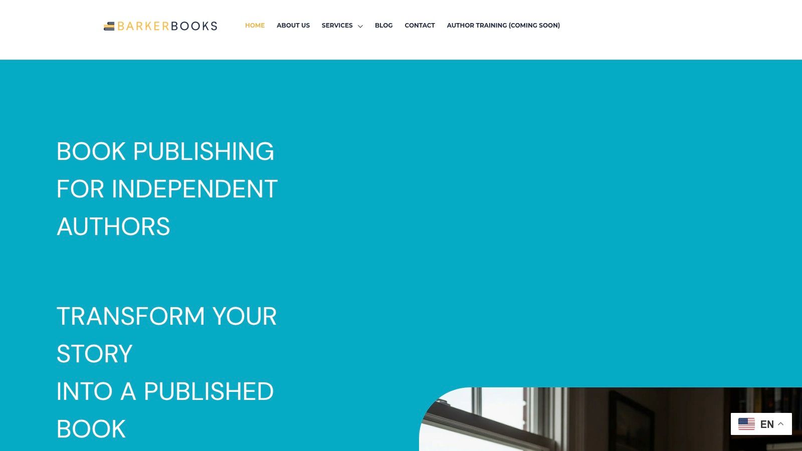 A collage showcasing BarkerBooks' services, including book covers, an author video, and a laptop displaying a landing page.