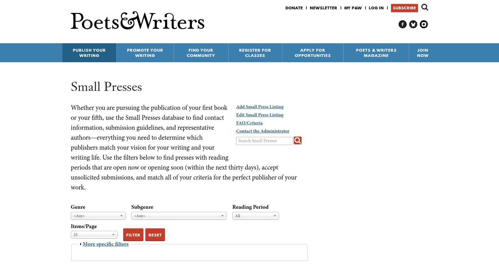 Poets & Writers – Small Presses Database