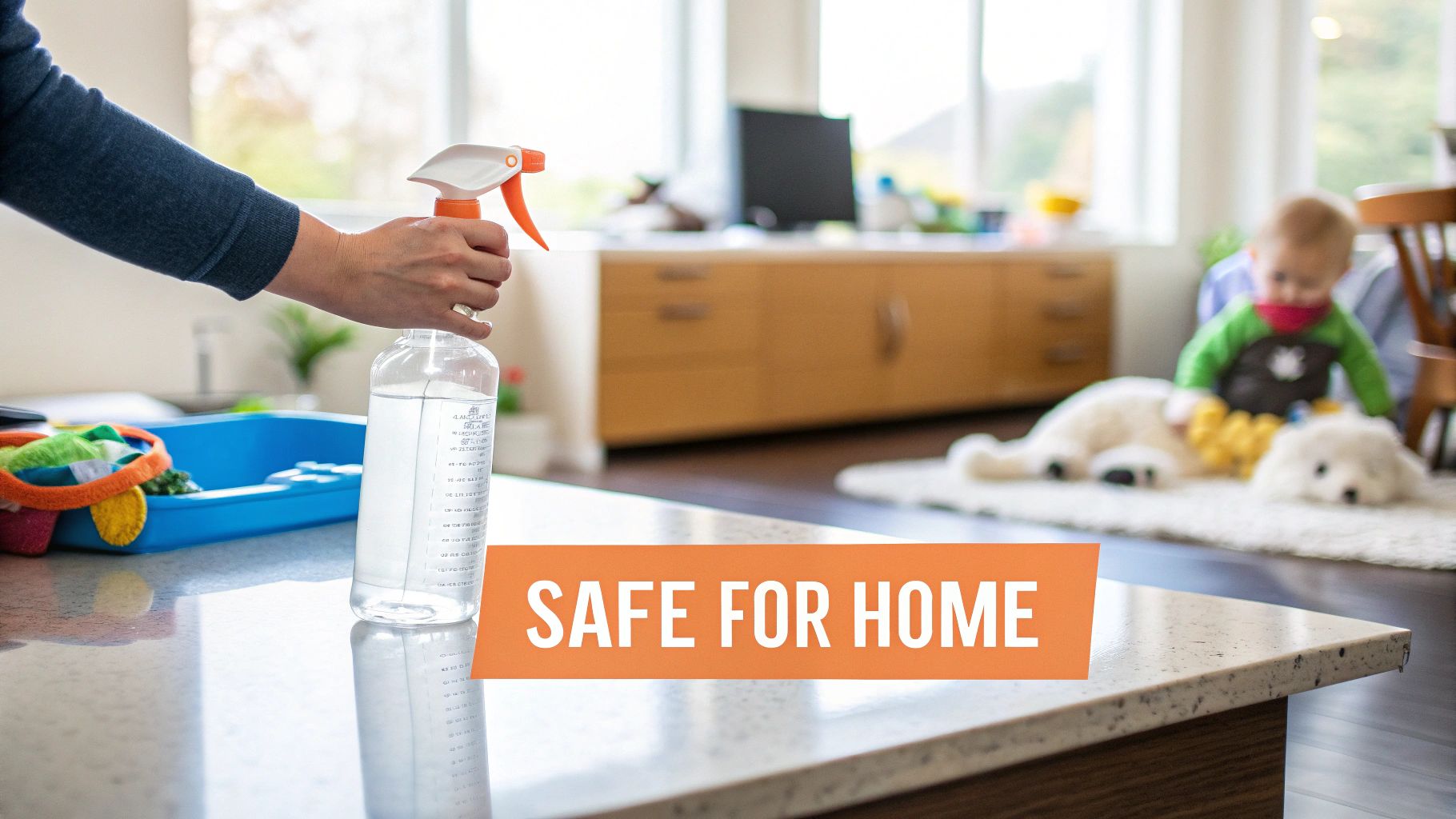A hand holds a spray bottle on a kitchen counter; a child plays with toys safely in the background.
