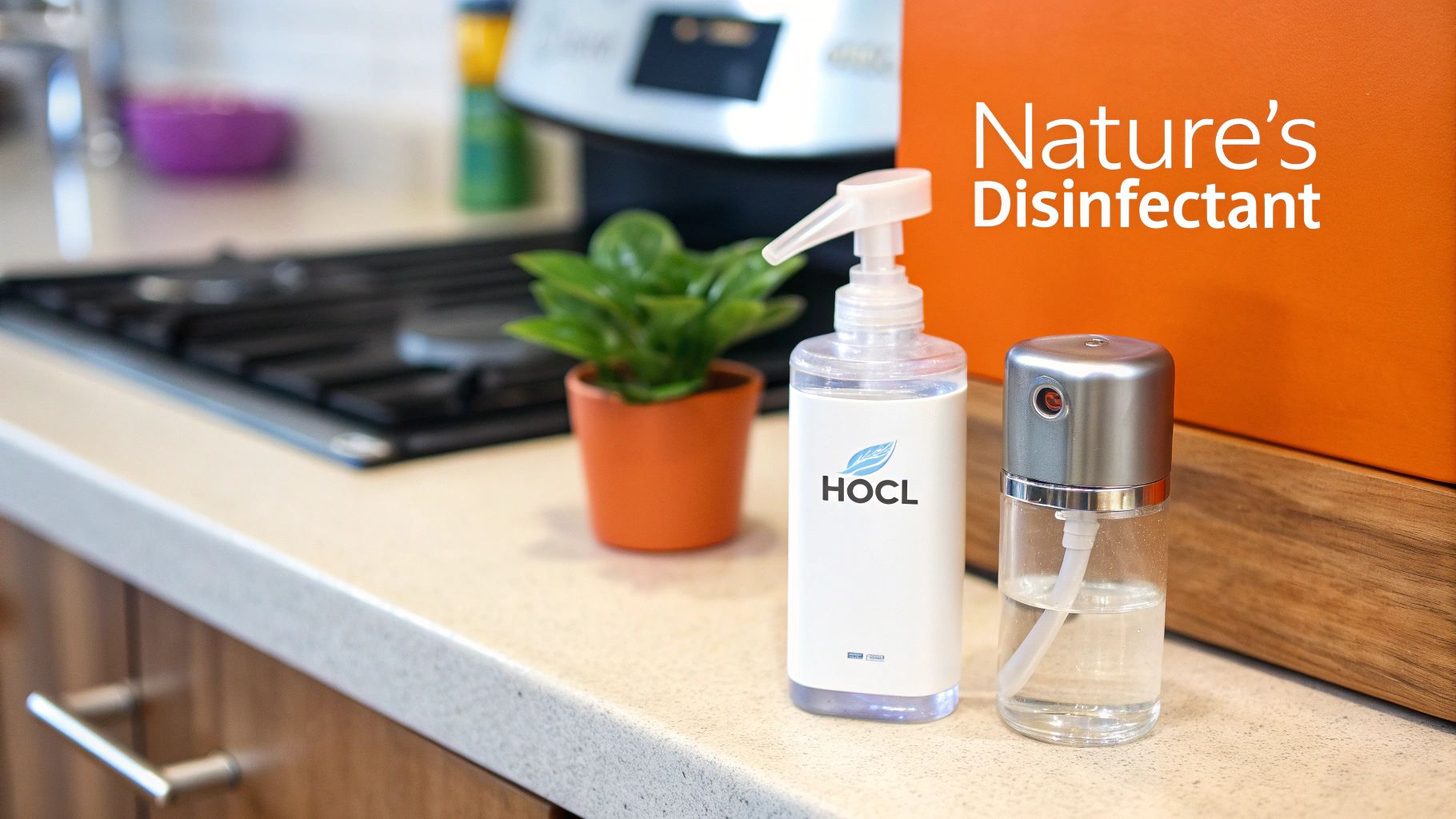 Two bottles of HOCL natural disinfectant and cleaner on a modern kitchen counter.