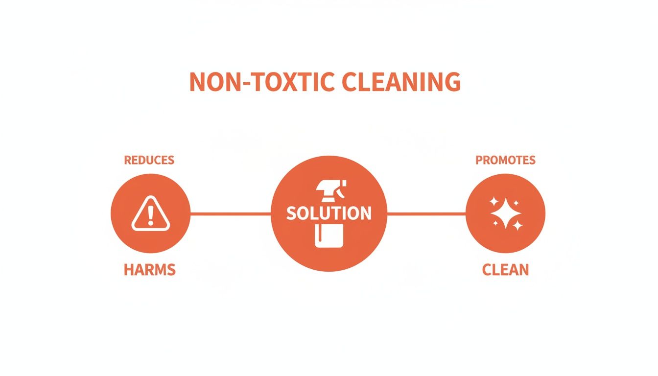 Infographic illustrating non-toxic cleaning solution that reduces harms and promotes cleanliness with icons.