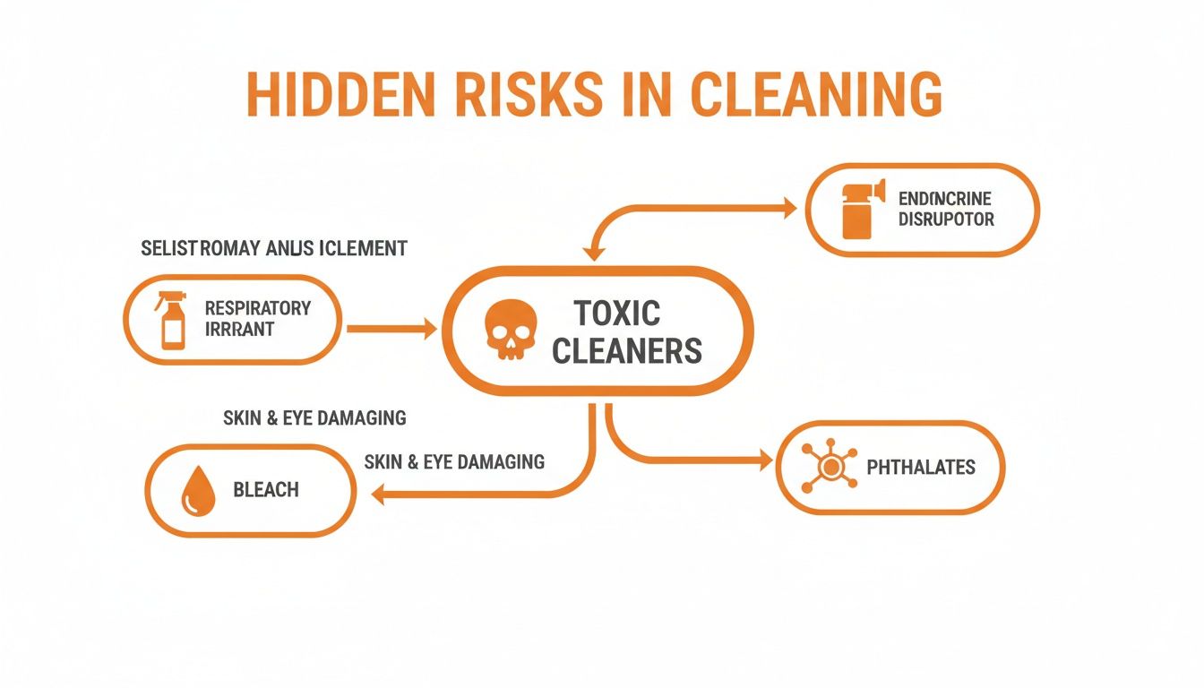 Flowchart illustrating hidden health risks and harmful ingredients found in toxic cleaning products.