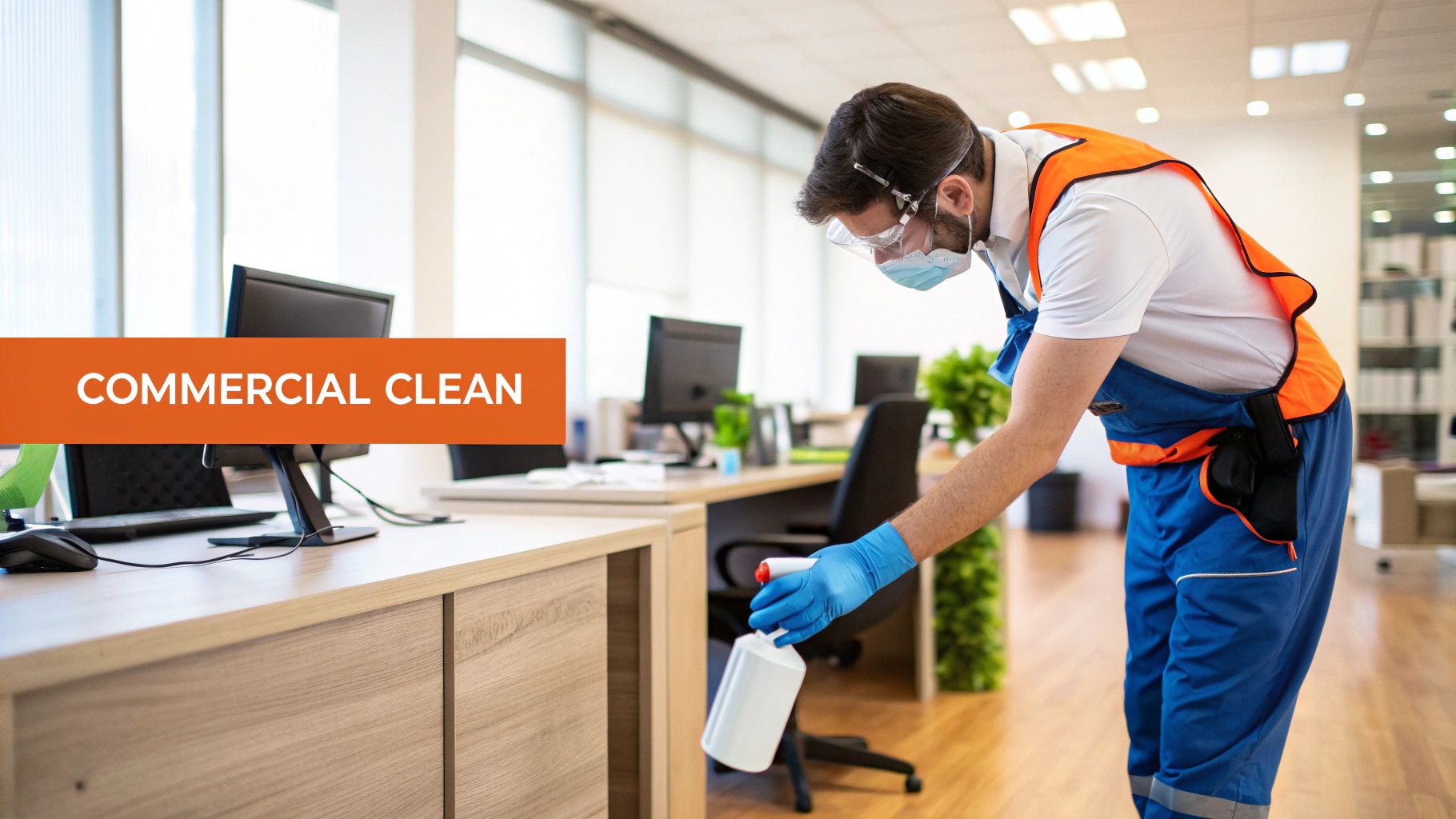 A cleaner in protective gear disinfects an office desk with a non-toxic cleaning spray.