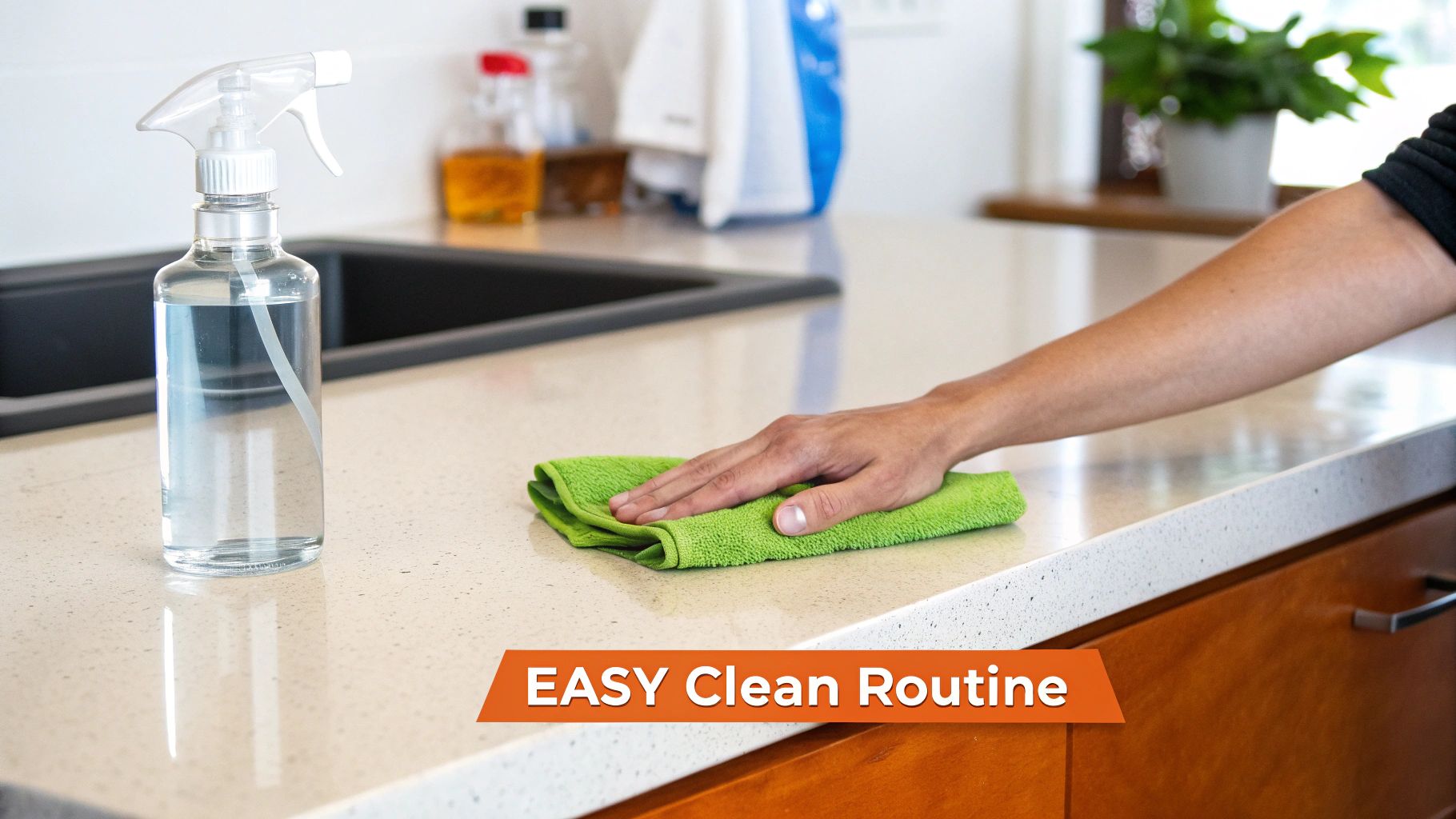 A hand uses a green microfiber cloth to wipe a clean kitchen countertop next to a spray bottle and sink.