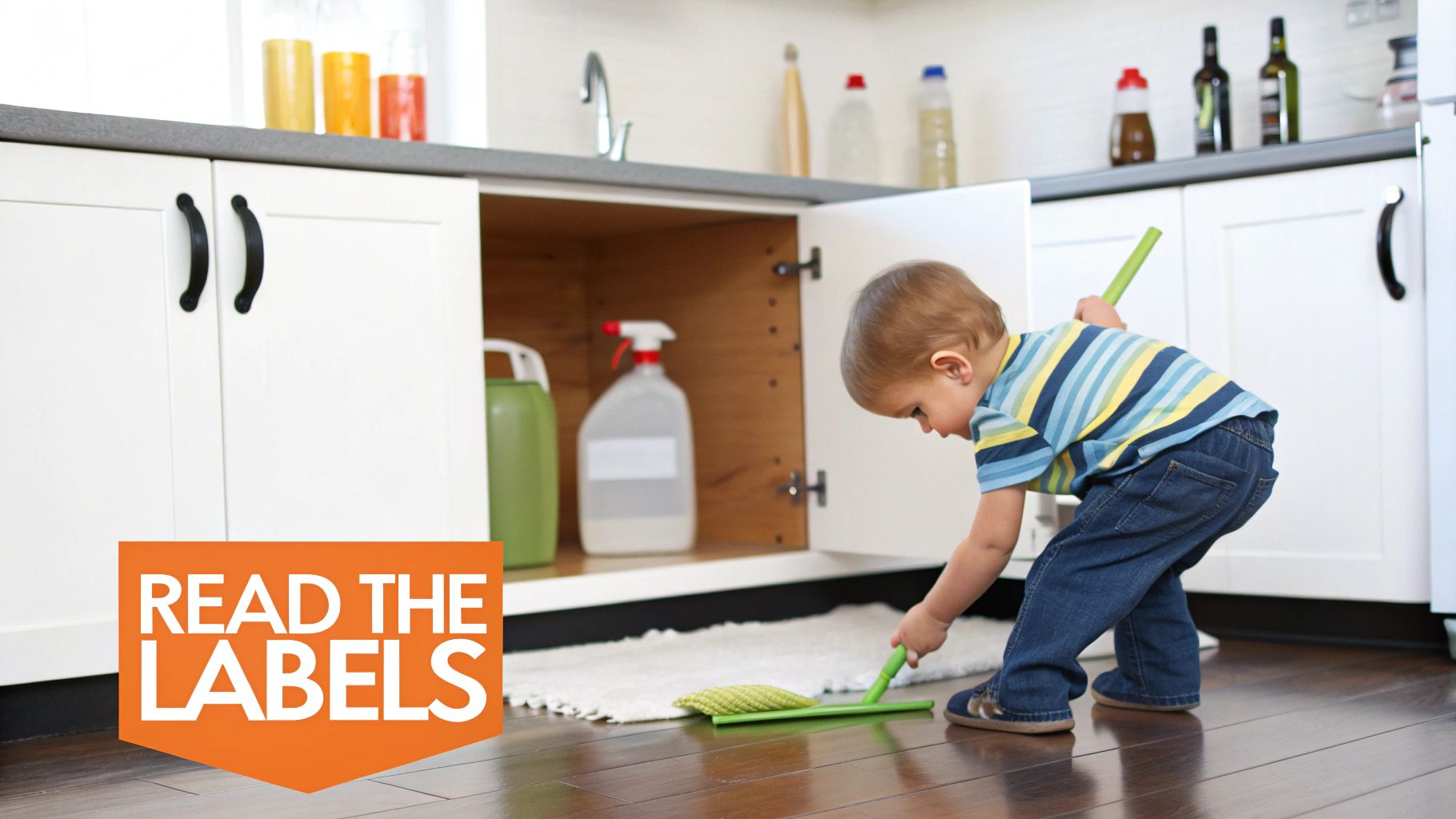 A toddler plays with a toy mop near an open cabinet showing cleaning products and a safety warning.