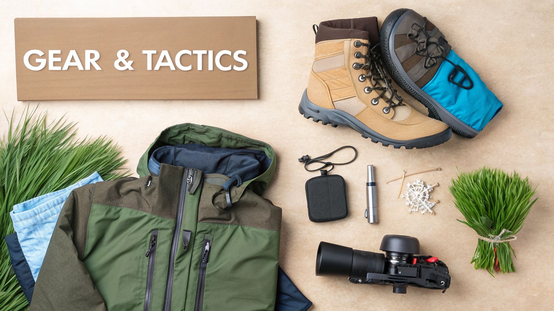 Overhead view of various hunting and outdoor equipment, including a jacket, boots, and camera, with a 'Gear & Tactics' sign.