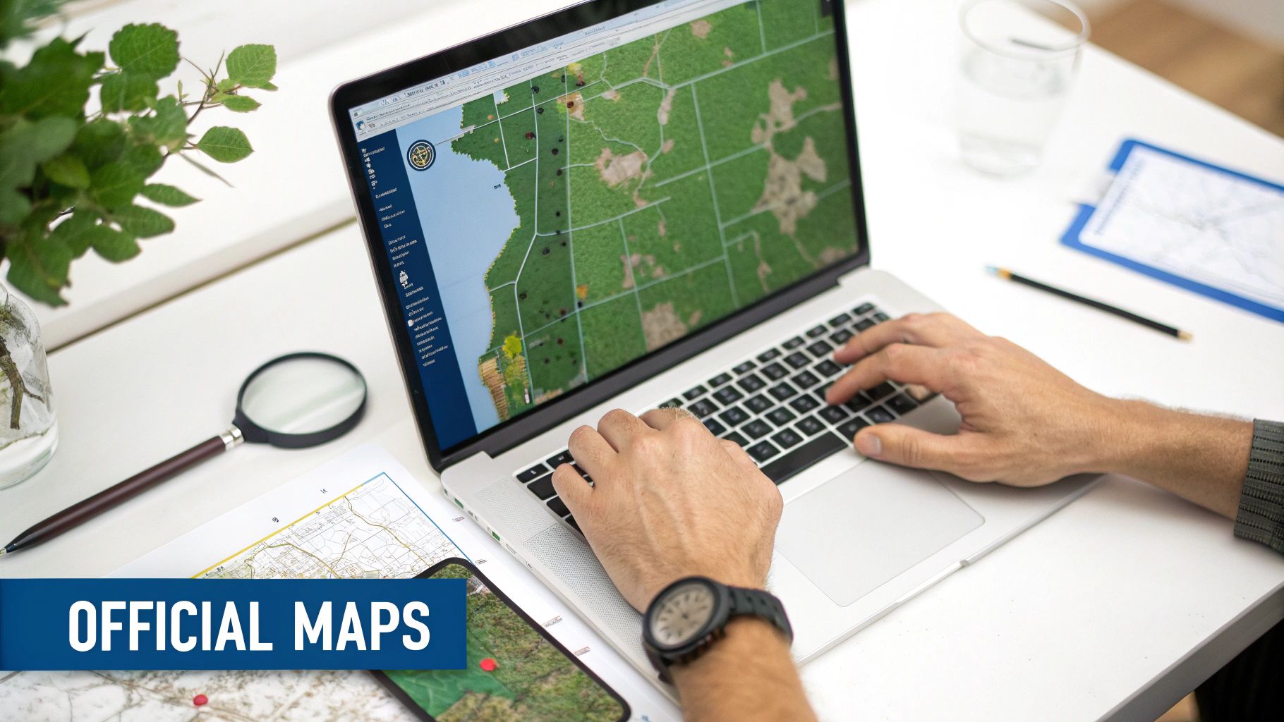 A person's hands type on a laptop displaying a digital map, with a smartphone and paper map nearby on a white desk.