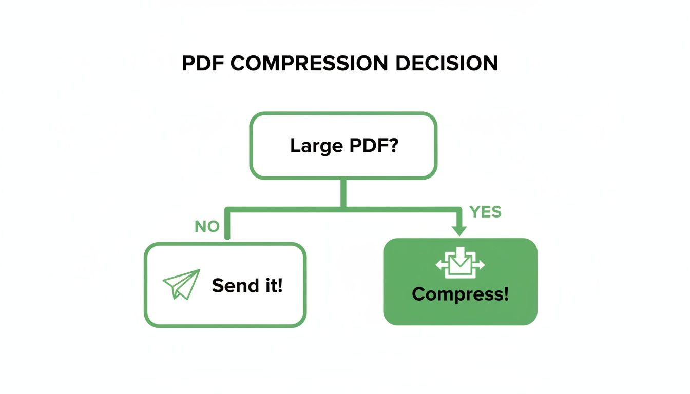 A flowchart showing PDF compression decision process, prompting to compress large files or send small ones.