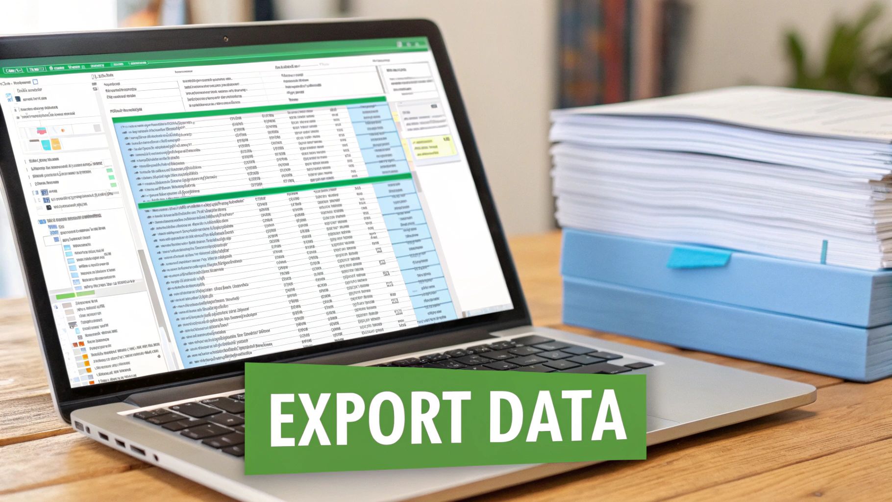 A laptop screen displays data and an 'EXPORT DATA' banner, beside a stack of documents and blue files.