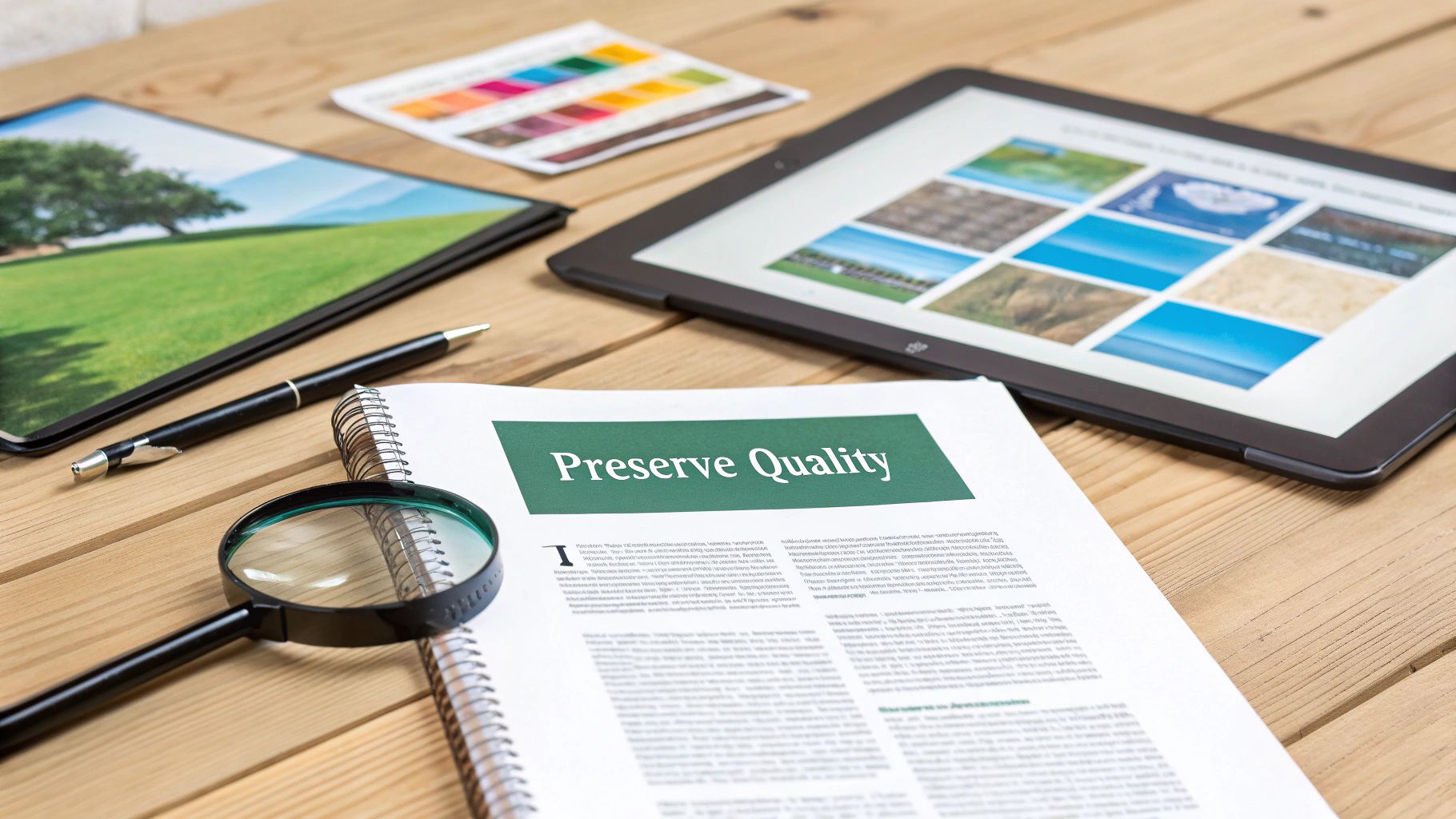 Close-up of a desk with document 'Preserve Quality', magnifying glass, pen, and tablets displaying images.