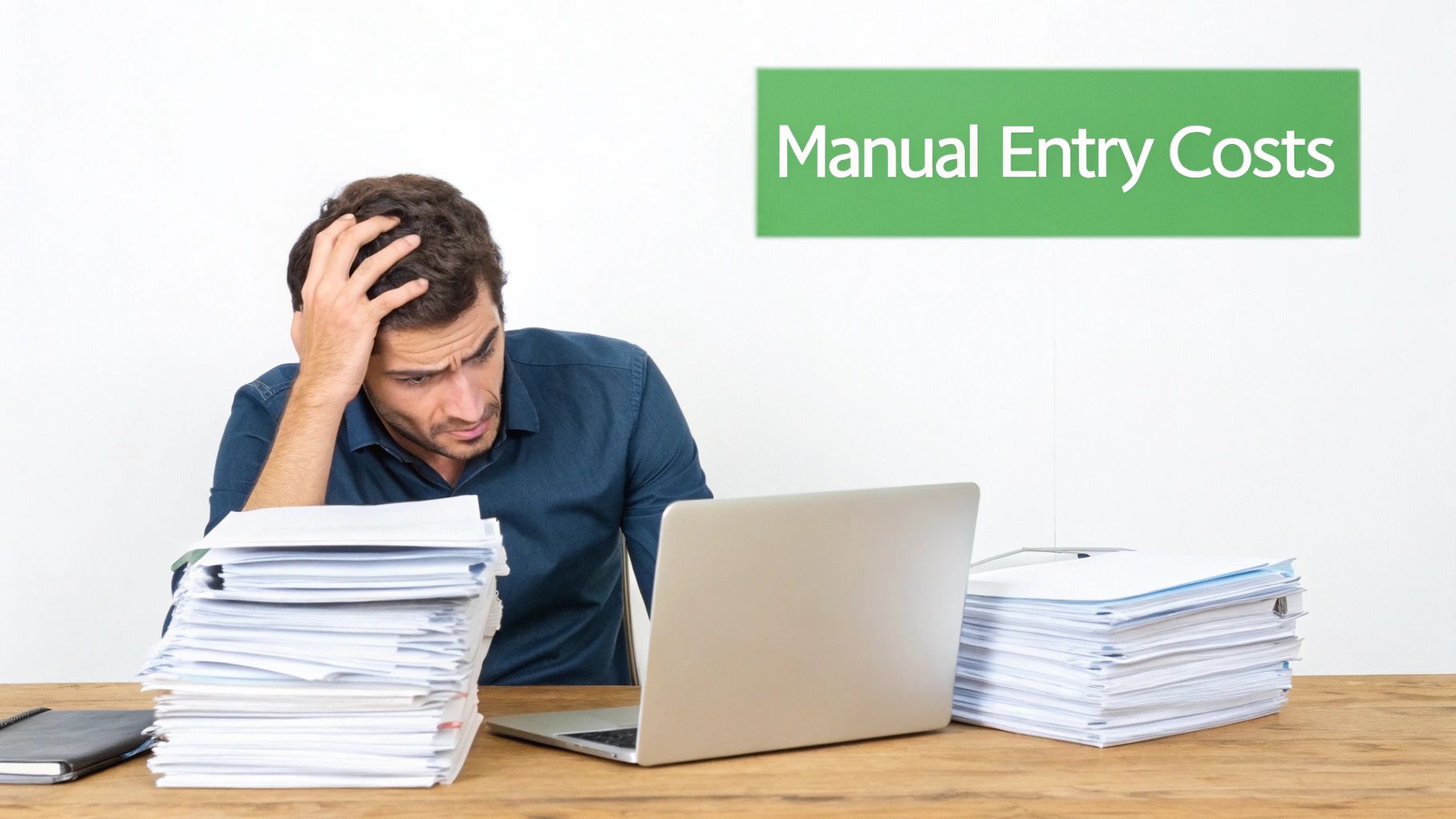 A stressed man works at a desk, surrounded by large stacks of paperwork, symbolizing manual entry costs.
