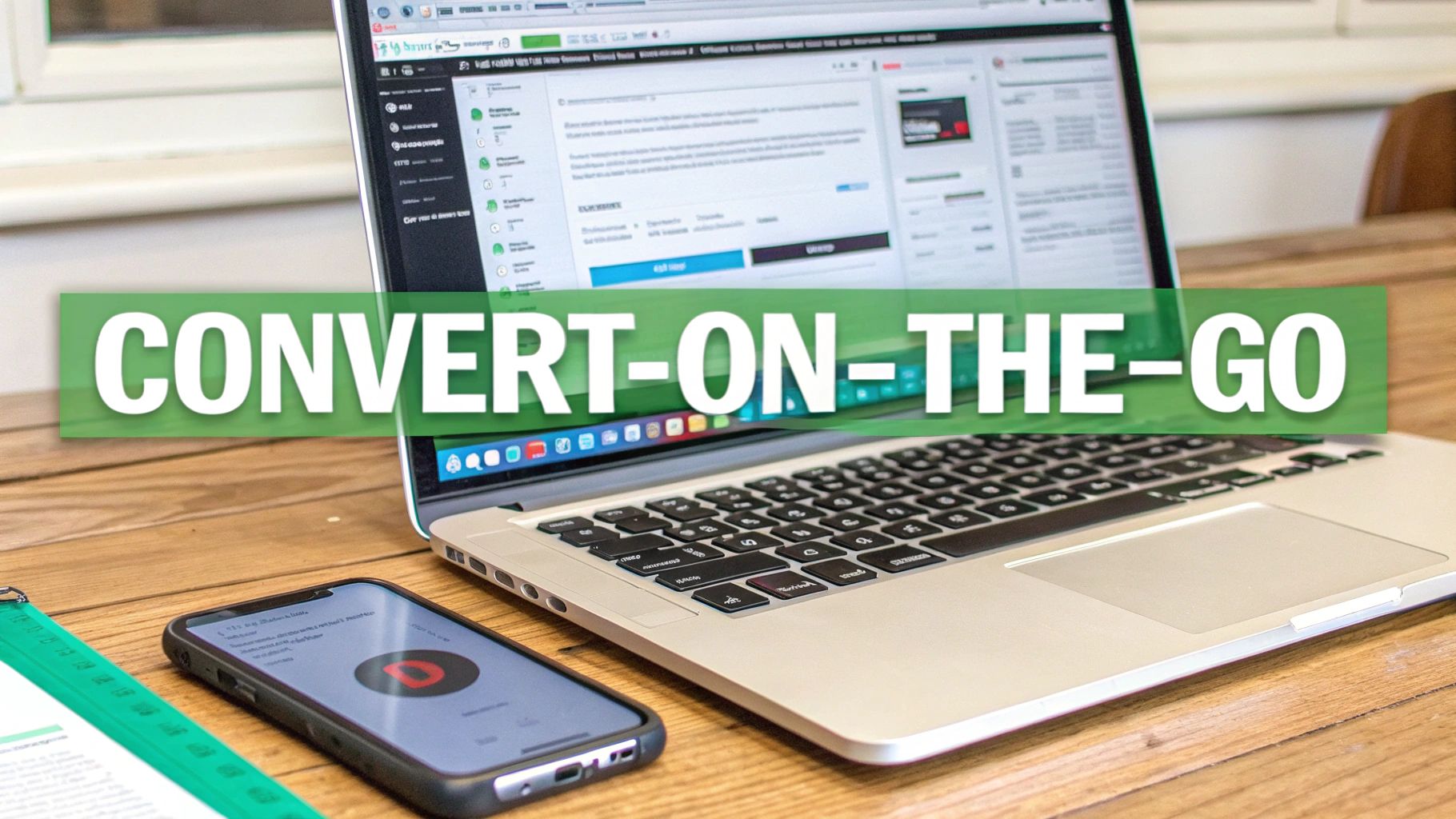 Digital workspace featuring a laptop, smartphone, and a 'CONVERT-ON-THE-GO' banner for quick conversions.