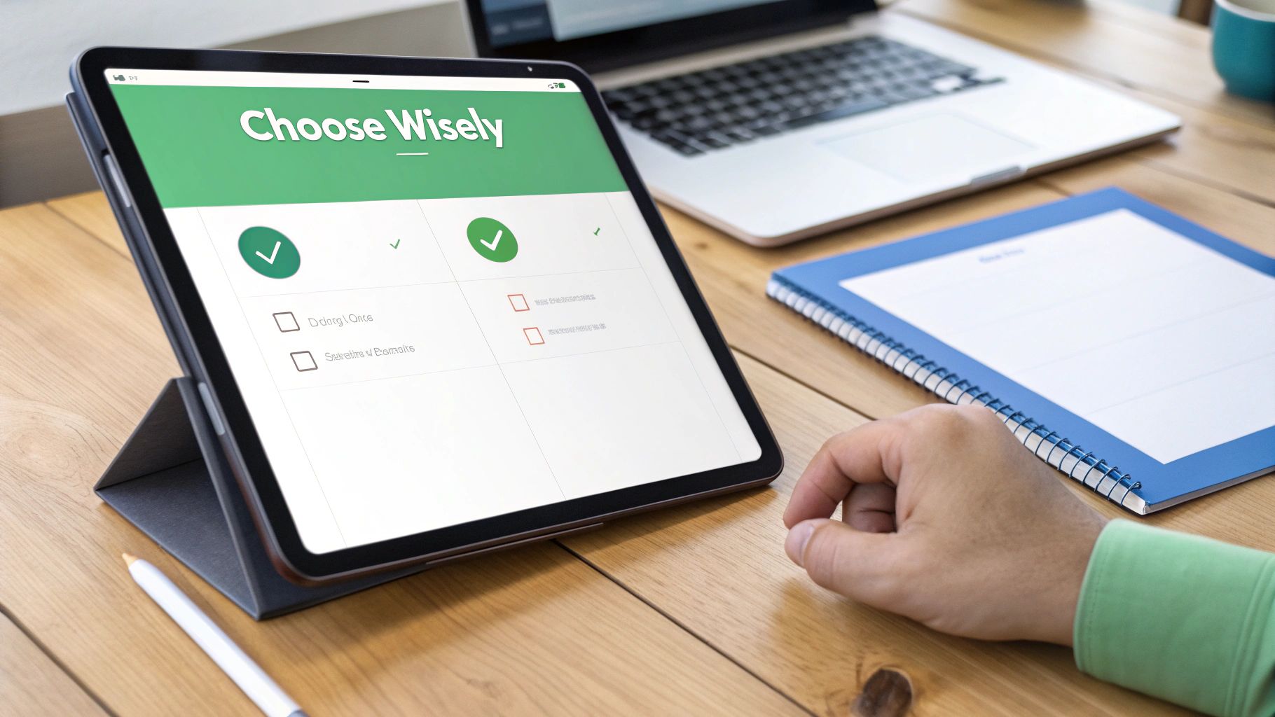 A person using a tablet on a wooden desk, displaying a 'Choose Wisely' interface with checkboxes.