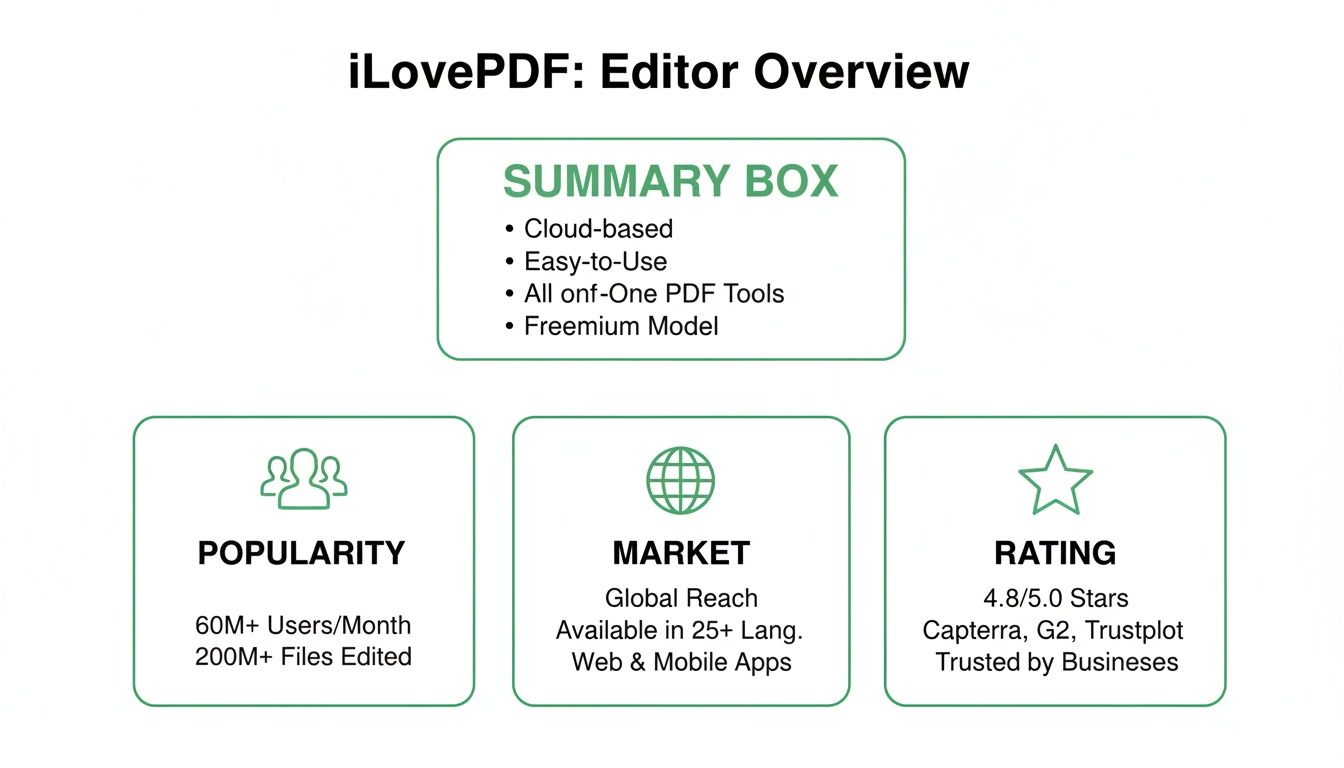 An overview of iLovePDF Editor, detailing its features, popularity, market reach, and high ratings.