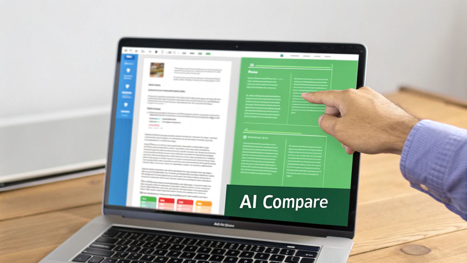 A person's hand points at a laptop screen displaying two documents side-by-side, labeled 'AI Compare'.