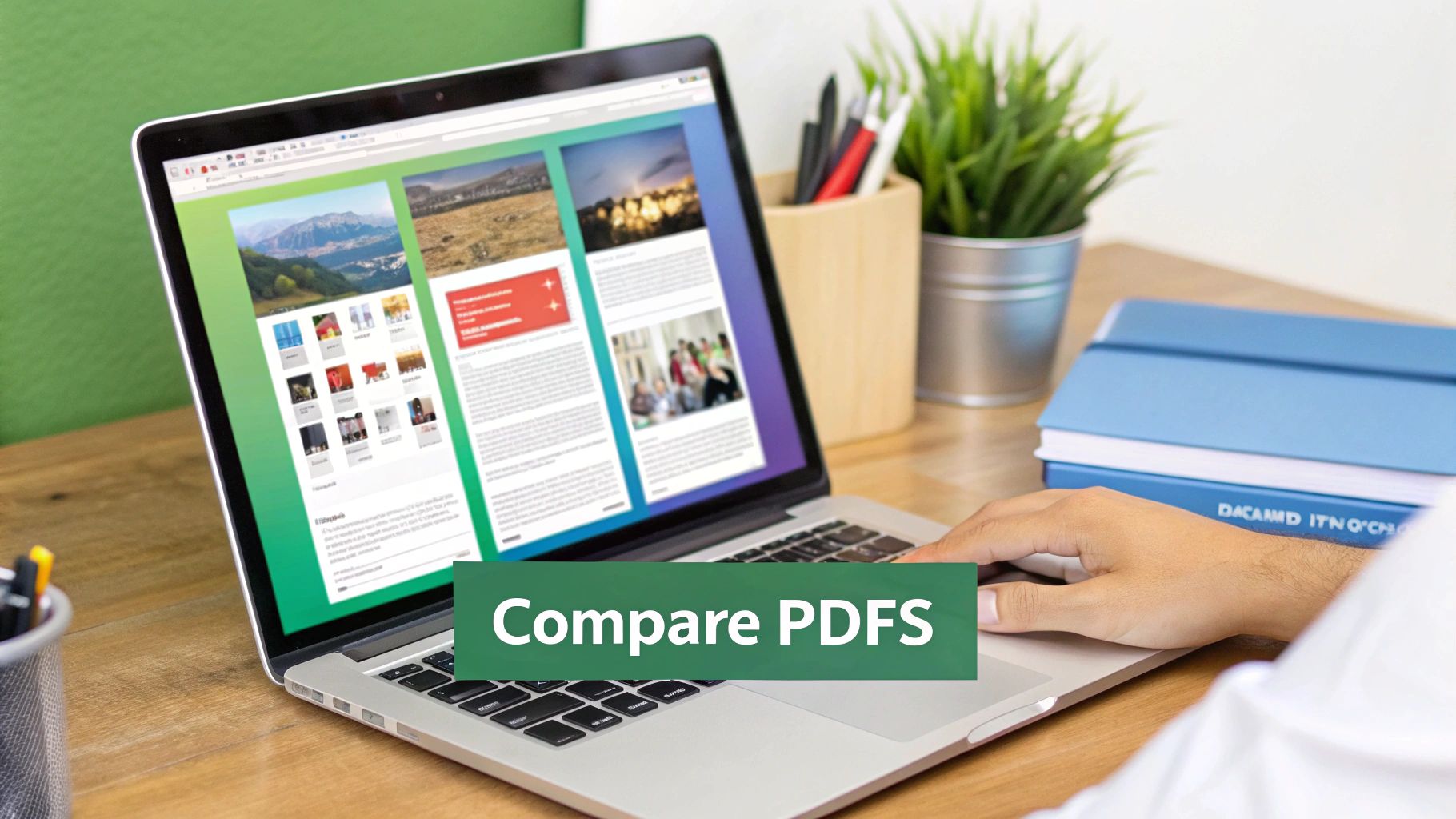 A person's hands on a laptop with a 'Compare PDFs' overlay, surrounded by office items.