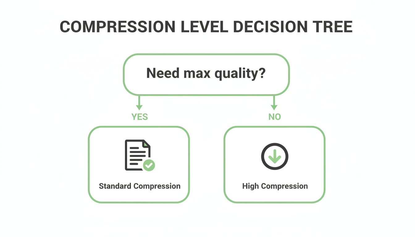 Decision tree illustrating compression levels: choose standard for max quality, high for less.