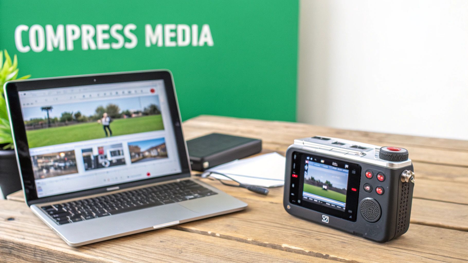 Una configuración de medios moderna con una computadora portátil que muestra video y una cámara en un escritorio de madera.