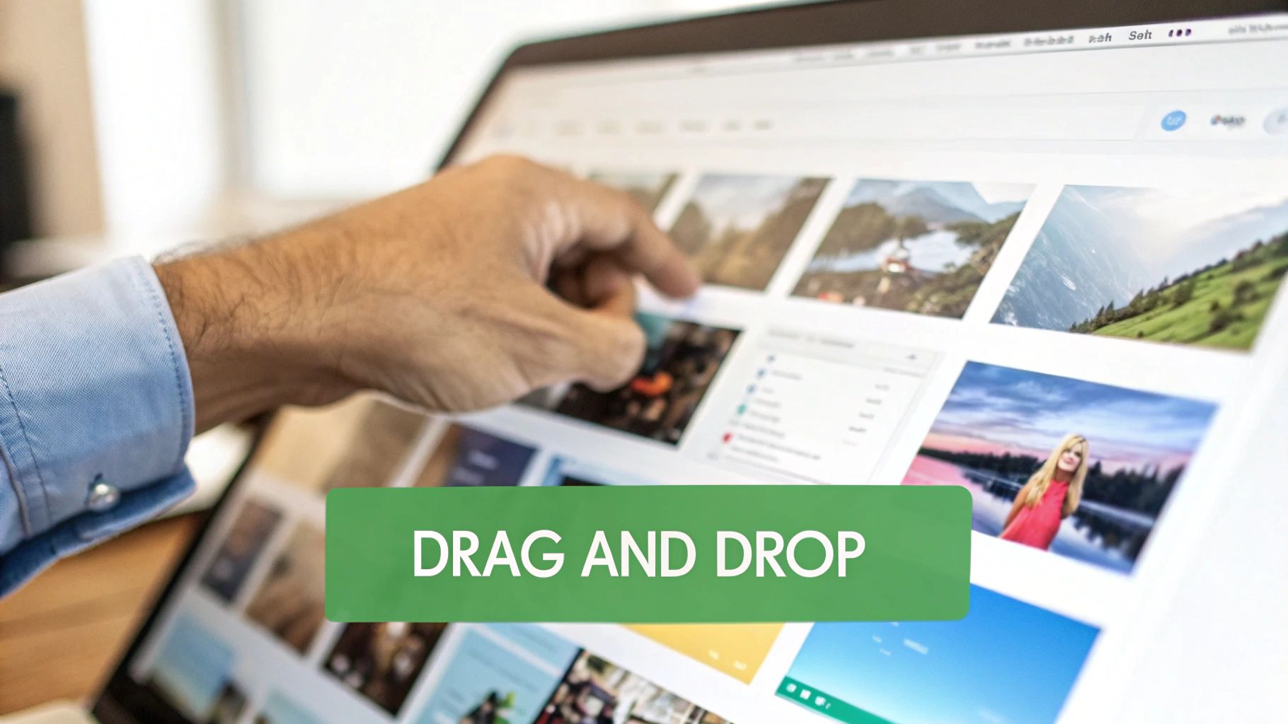 Una mano interactúa con una pantalla táctil que muestra una galería de imágenes, con una superposición de texto 'ARRASTRAR Y SOLTAR'.