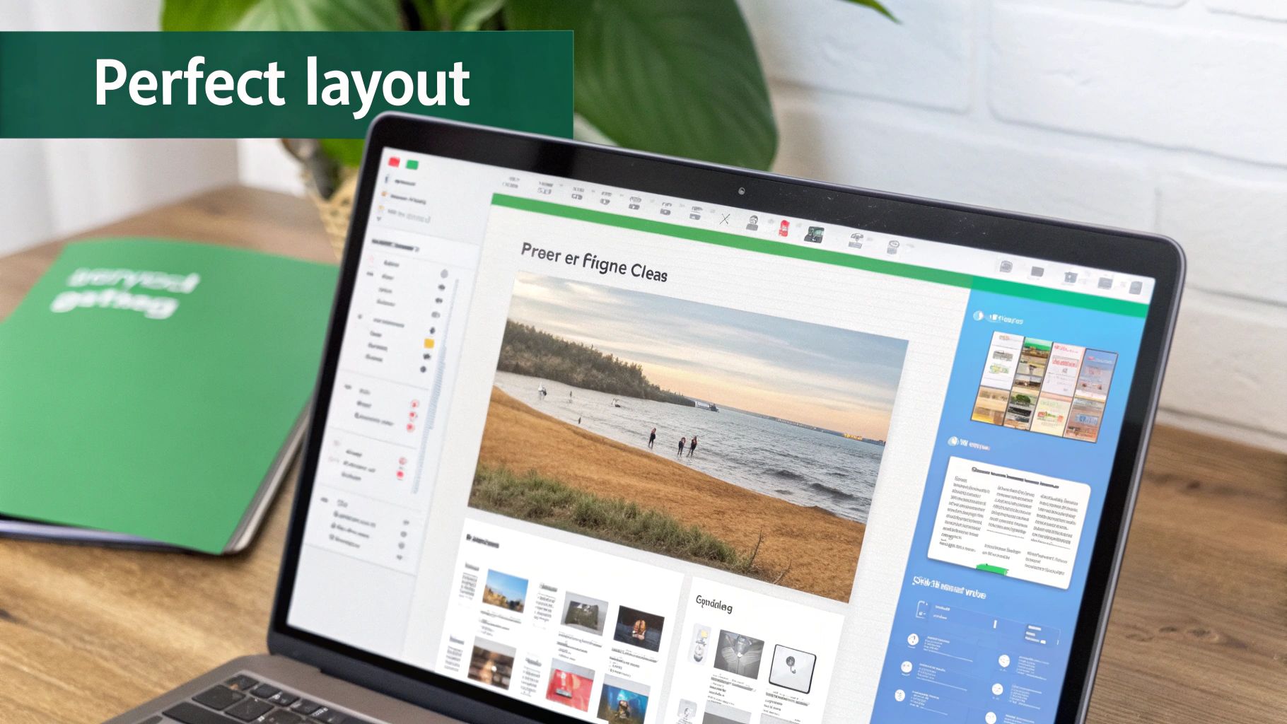 Computadora portátil que muestra un editor de contenido con una imagen de playa, texto y opciones de diseño en un escritorio de madera.
