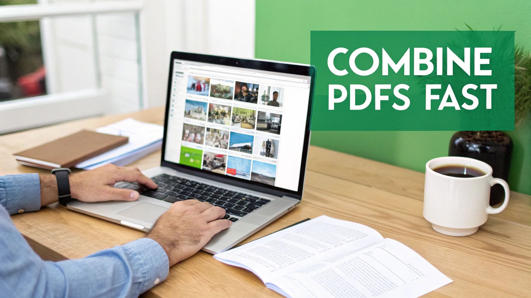 A person efficiently combines PDF files on a laptop, working at a modern desk setup.