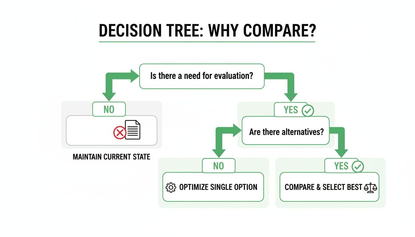 Decision tree flowchart illustrating when and why to compare options, leading to optimization or selection.