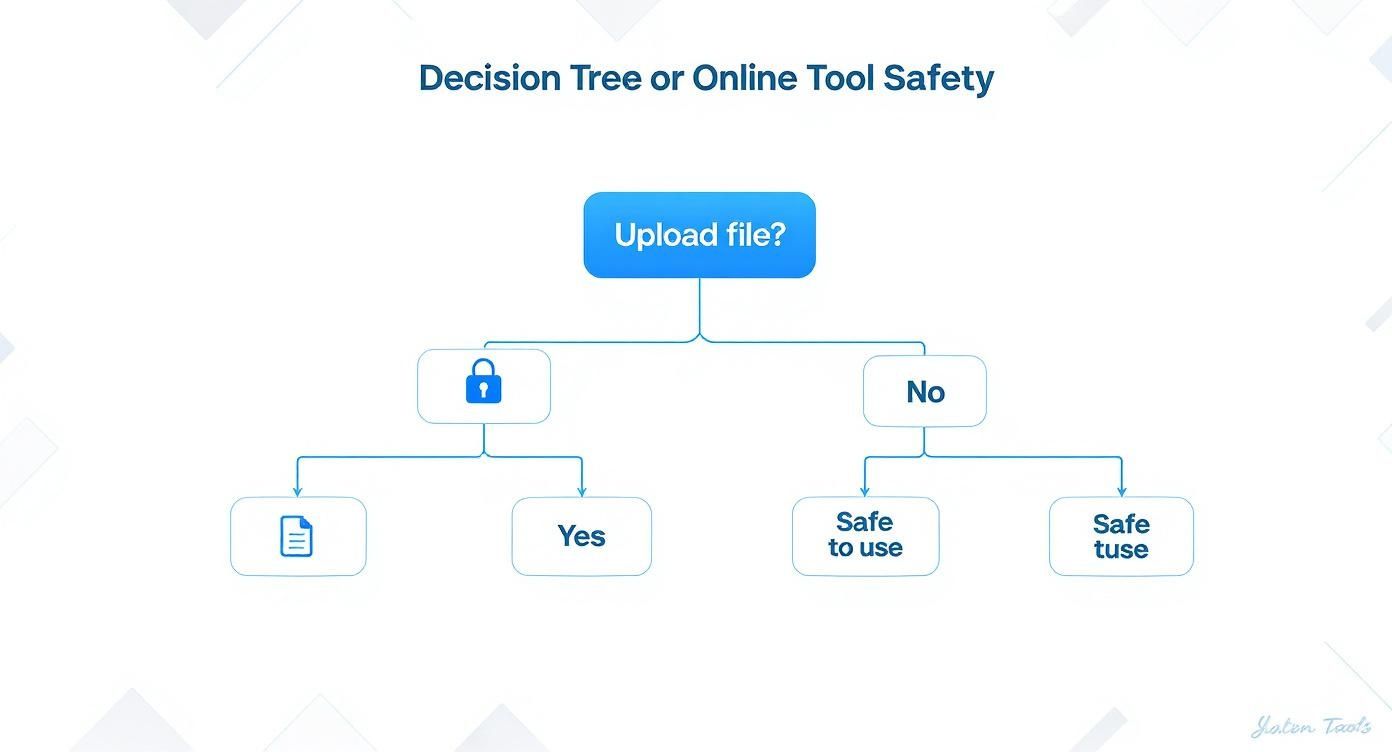 Decision tree flowchart about online tool safety, guiding users on secure file uploads or general usage.